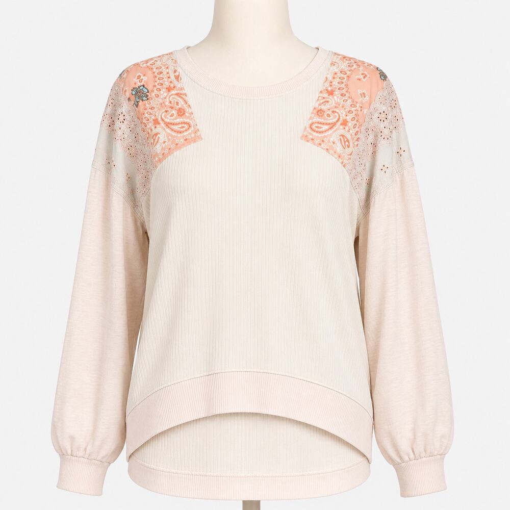 Free People We The Free Cream Ribbed Pullover Women's XS Bandana Lace Sweatshirt